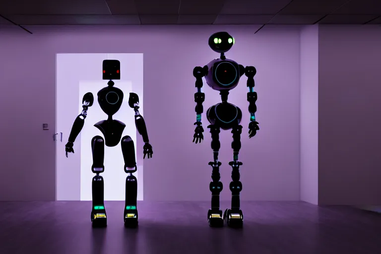 Image similar to full body robot with human mask, background is data server room, neon and dark, illumination ray tracing hdr render in unreal engine 5