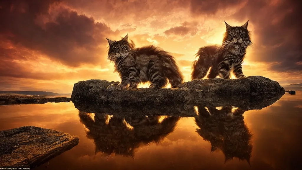 Image similar to amazing landscape photo of a maine coon bathing in a lake in sunset by marc adamus, beautiful dramatic lighting