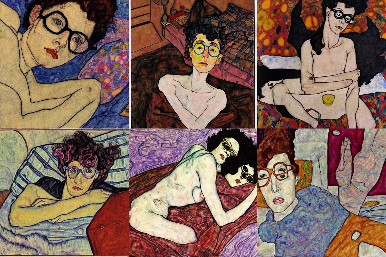 Prompt: egon schiele 1960s teenage girl, black pixie hair and big glasses, laying over a victor moscoso room, trippy. lsd colorful bedroom. writting on her diary