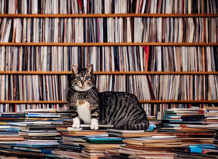 Image similar to photography of a Cat sitting on a pile of books and vinyls. a record player is in the shot. in a room full of vinyls and posters out of the 70's, photorealistic, raining award winning photo, 100mm, sharp, high res