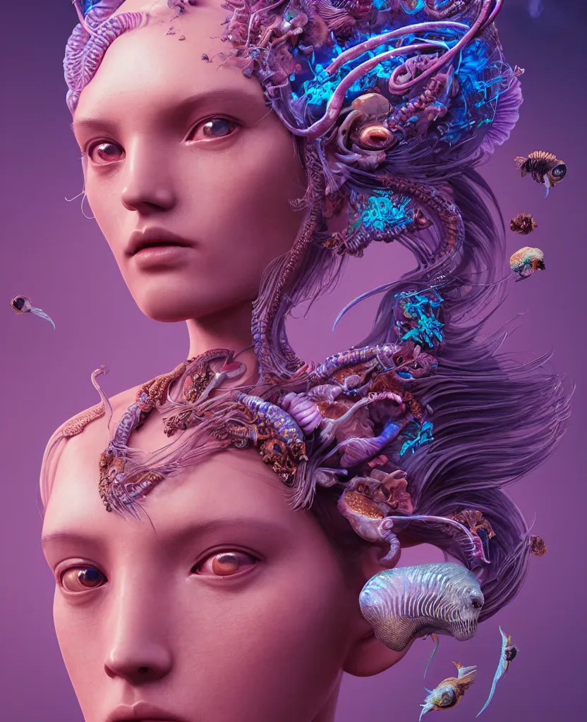 Image similar to goddess close-up portrait of princess face and ram skull. eyes. jellyfish phoenix head, nautilus, orchid, skull, betta fish, bioluminiscent creatures, intricate artwork by Tooth Wu and wlop and beeple. octane render, trending on artstation, greg rutkowski very coherent symmetrical artwork. cinematic, hyper realism, high detail, octane render, 8k