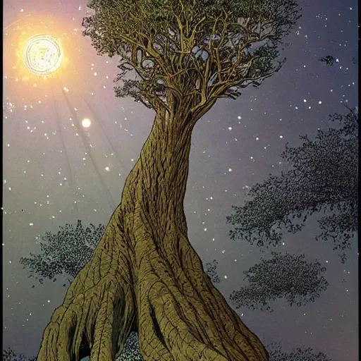 Image similar to a large tree rooted in a crystal hovering in space, by moebius