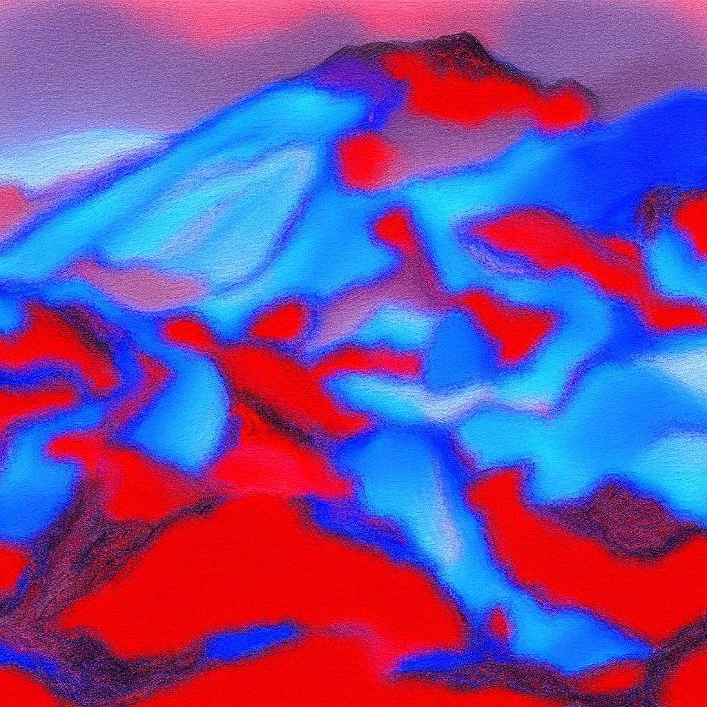 Prompt: Blue lava streaming from icy mountaintops while red snow falls from above on a cold winter afternoon, digital painting, sharp focus