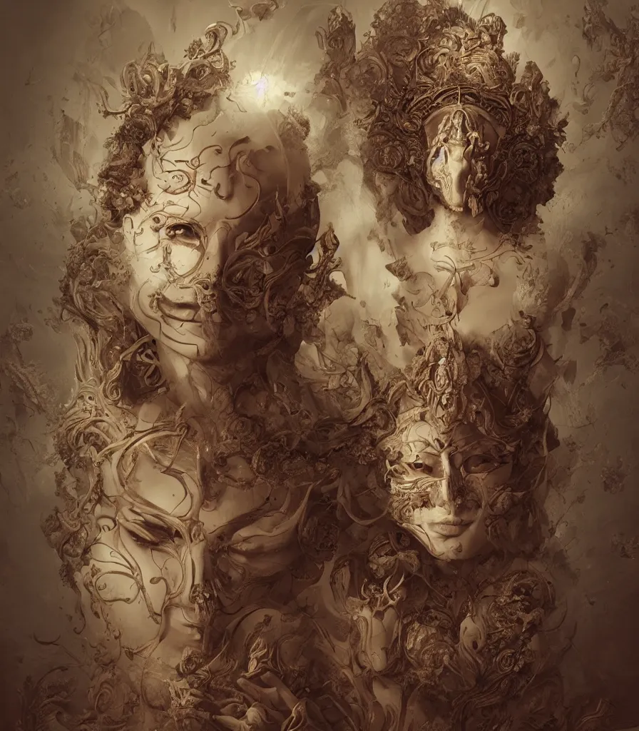 Prompt: woman portrait, head on face, foreground, coherence volumetric, wearing a carved half mask with incrustations, astral godness vishnu, ethereal, elements, baroque, rococo, ink, tarot card enviromet, cinematics lights, detailed, intricate illustration, octane render, golden ratio, fine art by peter mohrbacher & marc simonetti