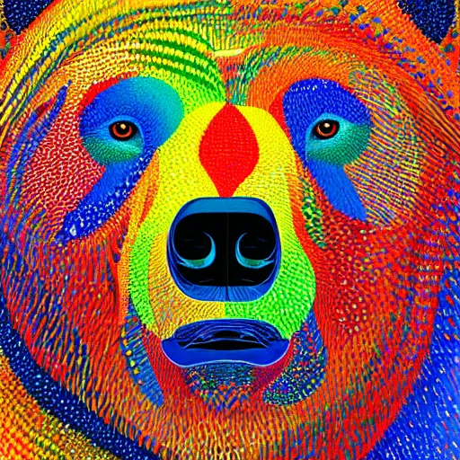 Image similar to a painting of a bear's face with red, yellow, and blue colors, a pointillism painting by mati klarwein, shutterstock contest winner, computer art, impressionism, digitally enhanced, painterly