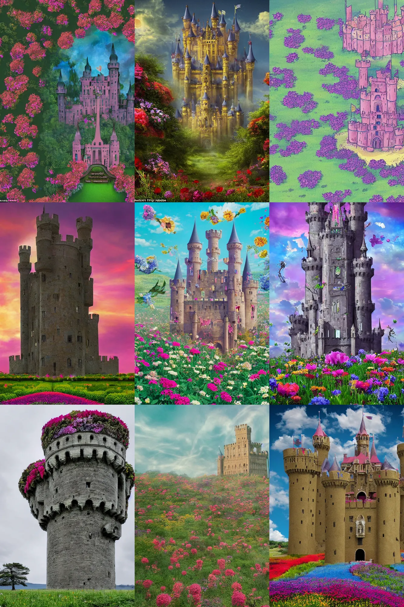 Prompt: A very phantasmagoric and ominous tall castle stands in the middle of an plain covered with colorful flowers