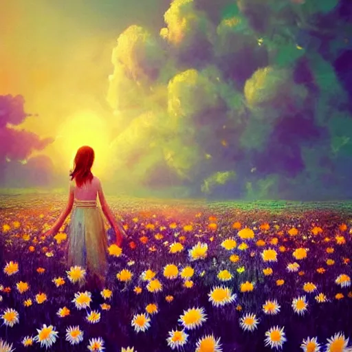 Image similar to head made of giant daisies, girl standing barefoot in a flower field, holding flowers, surreal photography, sunrise dramatic light, impressionist painting, colorful clouds, large sky, digital painting, artstation, simon stalenhag, flower face