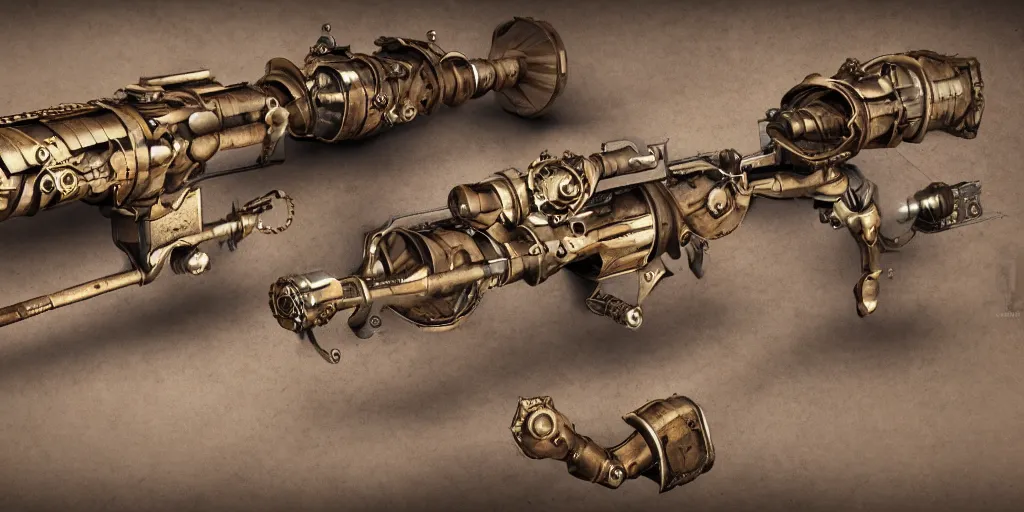 Prompt: steampunk machine gun, concept art, industrial design, detailed, 8 k, realistic, octane render, detailed cogwheels and metal parts, smooth curves