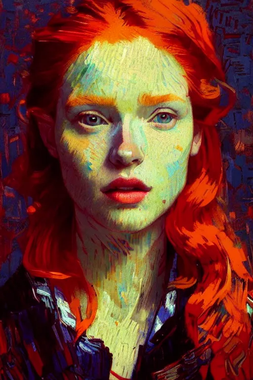 Image similar to portrait of a beautiful redhead girl, complementary colors, beautiful face, rule of thirds, intricate outfit, spotlight, by greg rutkowski, by jeremy mann, by francoise nielly, by van gogh, digital painting