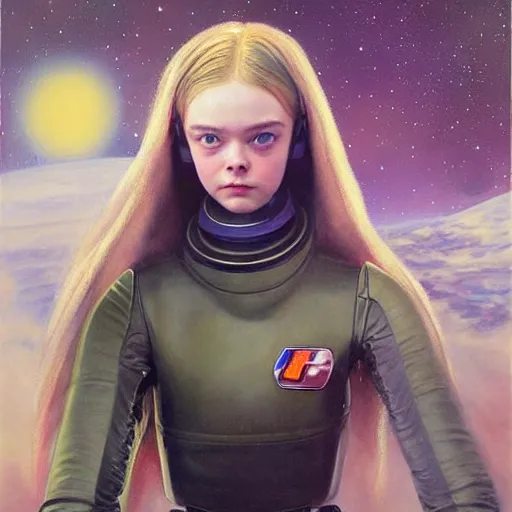 Image similar to a striking hyper real painting of Elle Fanning in space by John Sargent