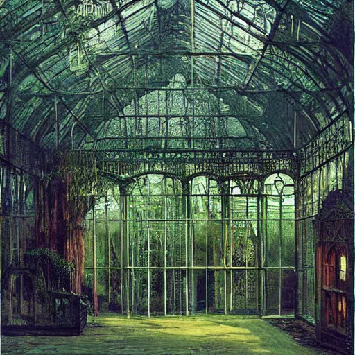 Prompt: a beautiful painting of a large overgrown victorian greenhouse with an eerie green translucent ghost and with large windows, warm lights, evening, stunningly beautiful architecture, by john atkinson grimshaw