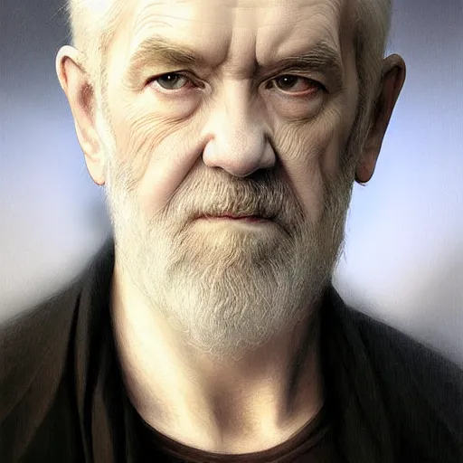 Image similar to beautiful striking Pre-Raphaelite George Carlin by Artgerm and Greg Rutkowski, pale, intricate, elegant, highly detailed, digital painting