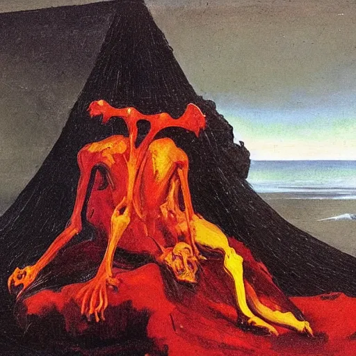 Prompt: A dark figure seated next to a large animal carcass with big ribcage next to the sea by Francisco Goya and Francis Bacon, vibrant red background, mythological painting, oil painting, triadic color scheme, very coherent, Beksinski painting