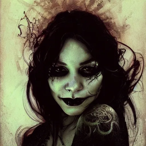 Image similar to beautiful portrait of vanessa hudgens as death from sandman, smiling, by cedric peyravernay, alphonse mucha, by jeremy mann, by lecouffe deharme, goth chic, soft lightning, eyeliner, punk rock, high detailed, 8 k