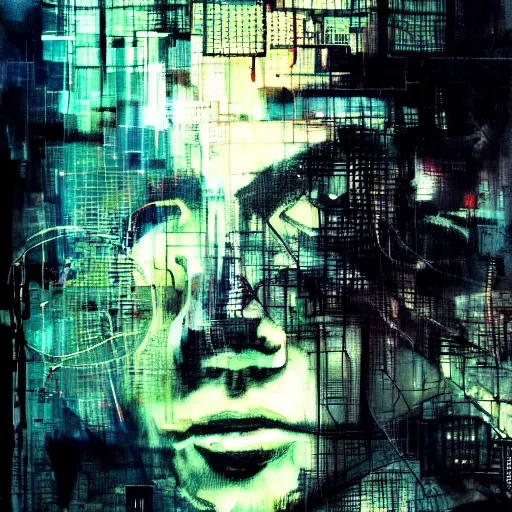 Prompt: glitchcore portrait of a cybercity dreamer, wires, machines, in a dark future city by jeremy mann, francis bacon and agnes cecile, and dave mckean ink drips, paint smears, digital glitches glitchart