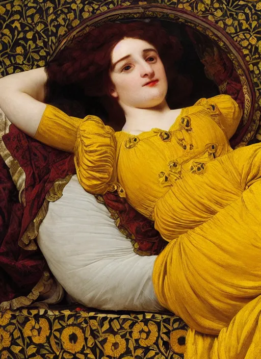 Image similar to masterpiece portrait of lady reclining on bed wearing yellow ochre ornate medieval dress, foreshortening, colour photography by frederic leighton, william morris, 8 k