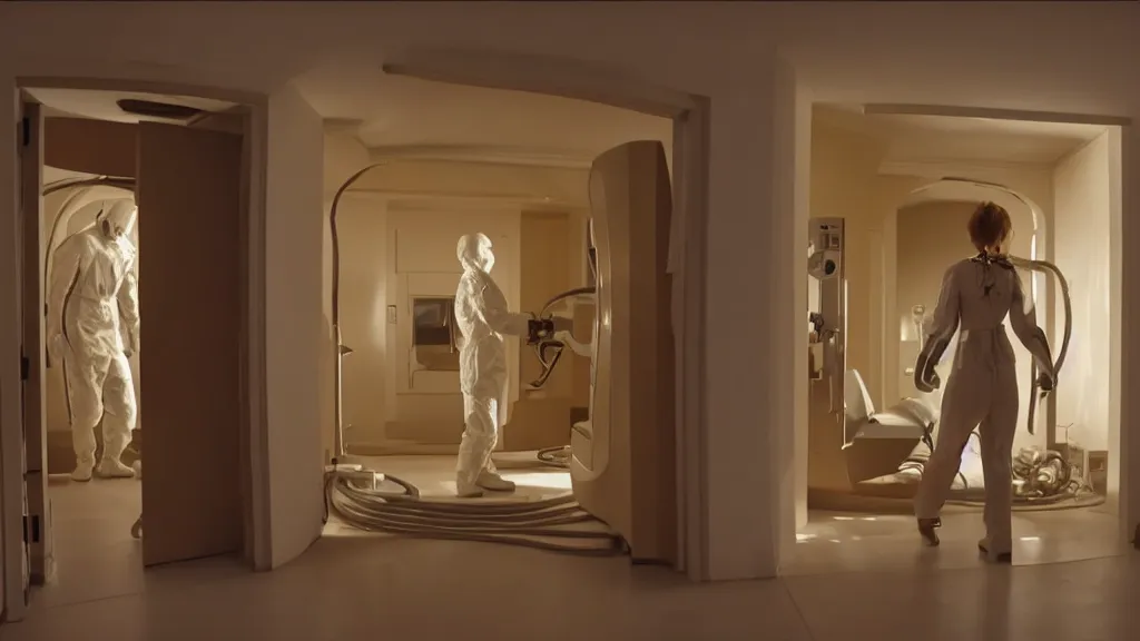 Image similar to an mri image open mri exposed uncovered machine portal in the living room, film still from the movie directed by denis villeneuve with art direction by salvador dali, wide lens