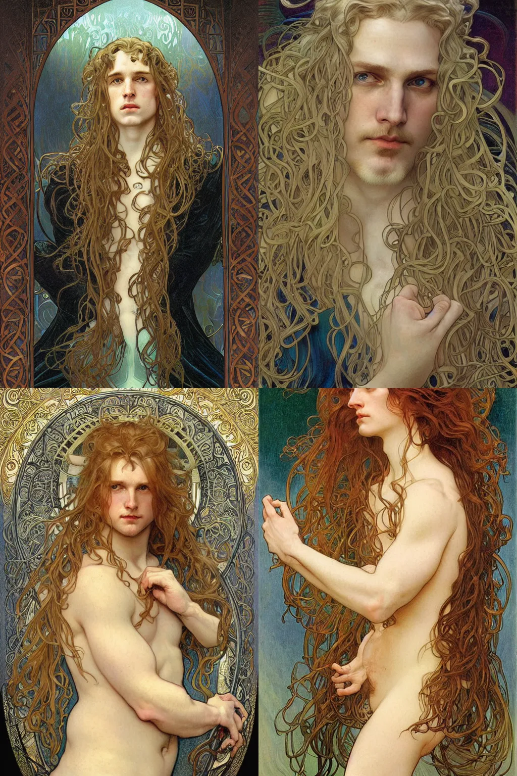 Prompt: detailed portrait of a pale blond Irish man with long curly blond hair, male by Alphonse Mucha, Amano, Karol Bak, Greg Hildebrandt, Jean Delville, and Mark Brooks, Art Nouveau, Neo-Gothic, gothic, rich deep moody colors