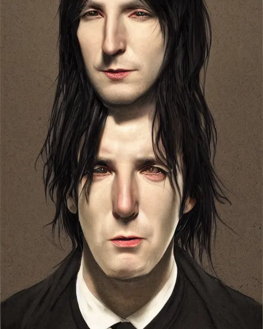 Image similar to portrait of a 3 2 - year - old man wearing black clothes, snape severus, with black, greasy, mid - length hair, hooked nose, dark brown eyes, yellow uneven teeth, highly detailed, digital painting, artstation, concept art, smooth, sharp focus, illustration, art by artgerm and greg rutkowski and alphonse mucha