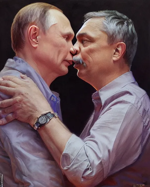 Image similar to portrait of Putin and Viktor orban kissing by Mandy Jurgens and Richard Schmid and chuck close and mucha