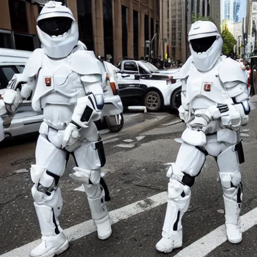 Prompt: dystopian peacekeepers wearing futuristic white armor patrolling the streets of new america
