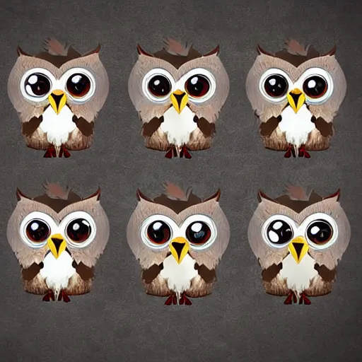 Prompt: gathering of feathered owls looking with big eyes in graphic design style