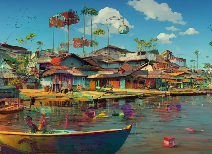 Prompt: kuala terengganu fishing village, summer morning, very coherent and colorful high contrast, art by gediminas pranckevicius, geof darrow, makoto shinkai, dark shadows, hard lighting