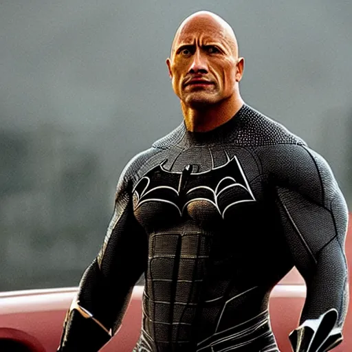 Image similar to Dwayne Johnson as Spiderbatman , raining ,an film still