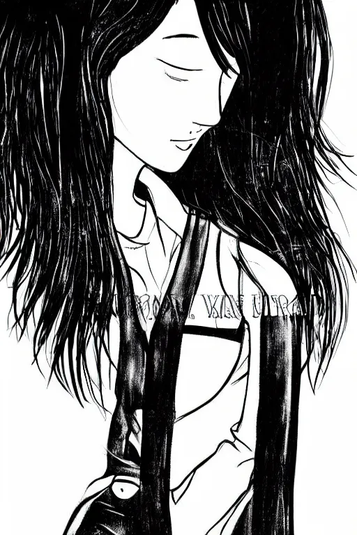 Image similar to portrait of a girl in long pants and a top, hands in pockets, eyes closed, bob haircut, digital art, black and white, lineart by roro kurotani