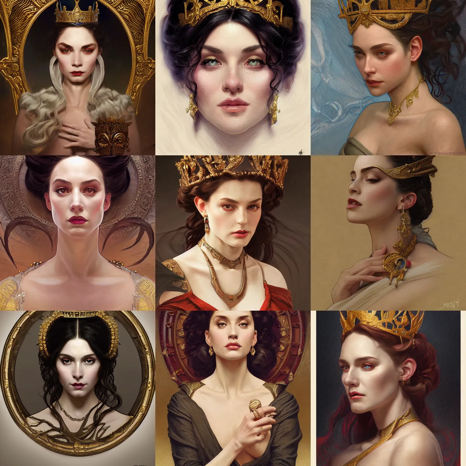 Prompt: Portrait of historically accurate, sultry, sneering, evil, pagan, wicked, young, queen, intricate, elegant, highly detailed, digital painting, artstation, concept art, smooth, sharp focus, illustration, art by artgerm and greg rutkowski and alphonse mucha and andrei riabovitchev - H768