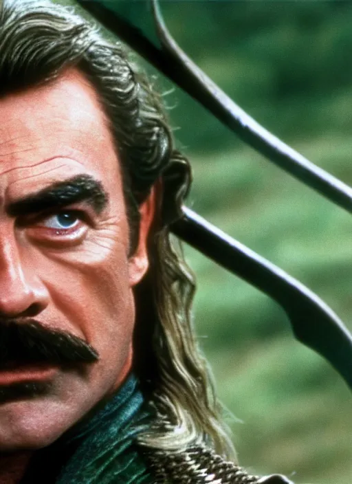 Prompt: film still of tom selleck as legolas in lord of the rings, 4 k