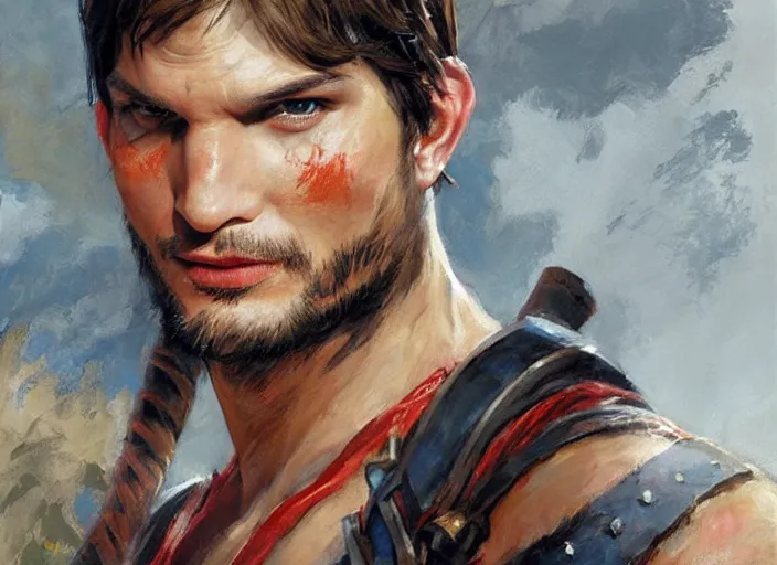 Prompt: a highly detailed beautiful portrait of ashton kutcher as kratos, by gregory manchess, james gurney, james jean