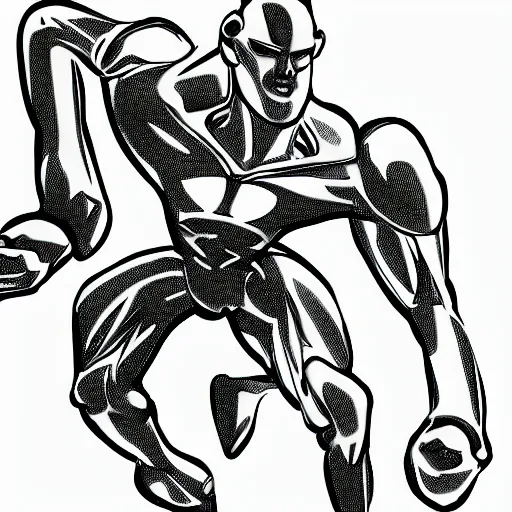 Image similar to a simple black and white pencil storyboard of a giant humanoid athletic sleek futuristic humanoid android powering up as small floating particles swirl around it, action lines