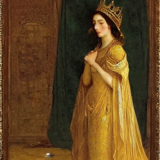 Image similar to a queen in a gold dress, ancient, arabic art, oil painting, otomo, amano, bouguereau, gustave moreau