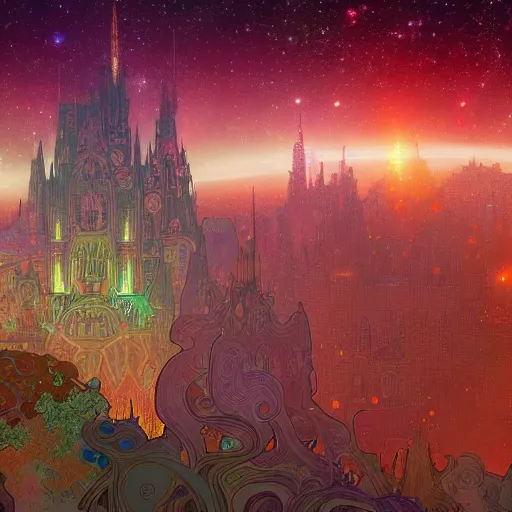 Image similar to a beautiful highly detailed digital art of colorful castle nebulas by, moebius, alphonse mucha, stars in the background, highly detailed, intricate design, cinematic view, 8 k resolution, octane render, matte painting, trending on artstation