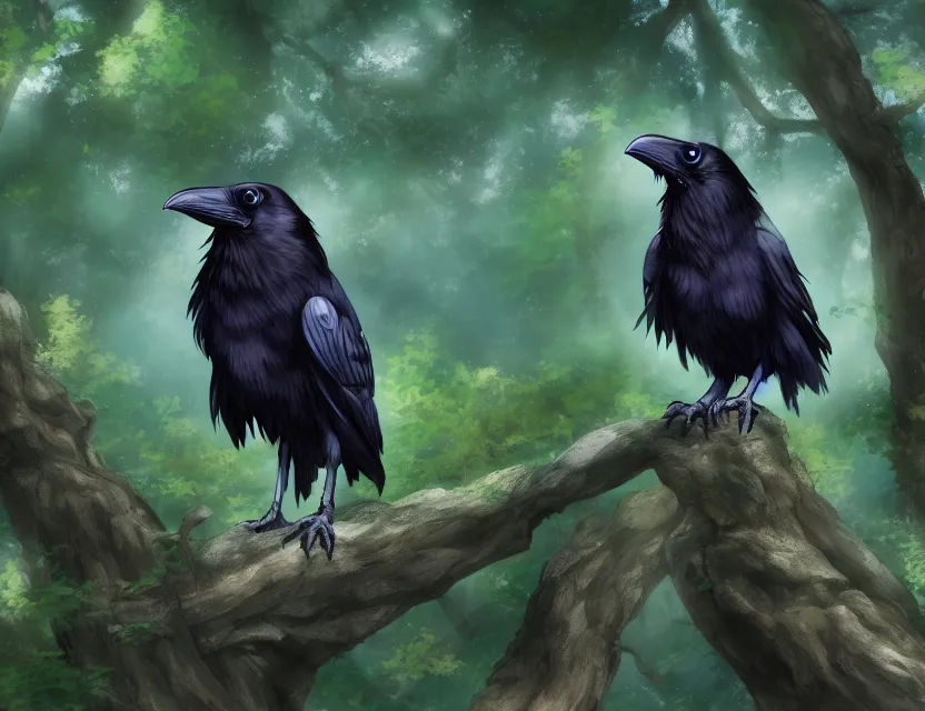 Prompt: female raven yokai in the lichen woods. safe for work, muted complementary colors, anime still, luminescent, 4 k, chiaroscuro, rimlight.