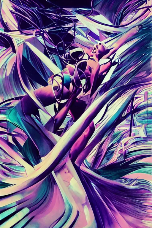 Image similar to wideangle portrait, a wild beautiful ballet dancer tangled in the tendrils of reality, madness, decoherence, synthwave, glitch!!, fractured reality, vortex, realistic, hyperdetailed, concept art, art by syd mead, cubism