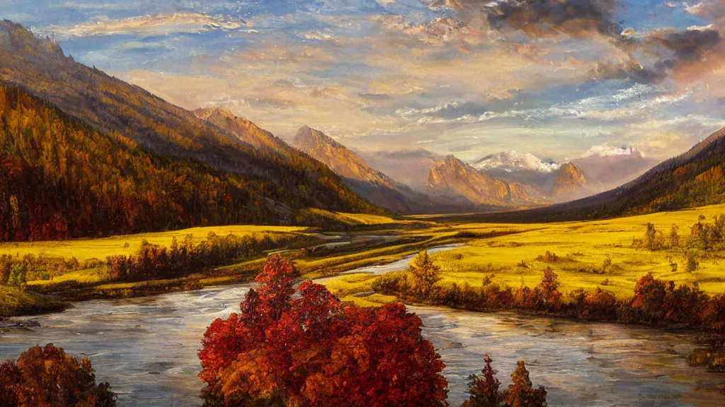 Image similar to The most beautiful panoramic landscape, oil painting, where the mountains are towering over the valley below their peaks shrouded in mist. The sun is just peeking over the horizon producing an awesome flare and the sky is ablaze with warm colors and stratus clouds. The river is winding its way through the valley and the trees are starting to turn yellow and red, by Greg Rutkowski, aerial view