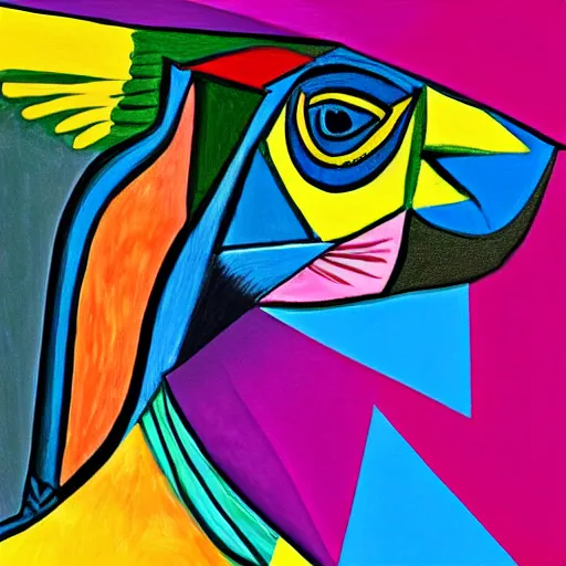 Prompt: cross between parrot and rhinoceros, digital art, painting by Picasso