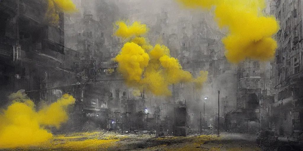 Image similar to kiev city streets covered in yellow and blue smoke, by jeremy mann, by kim keever