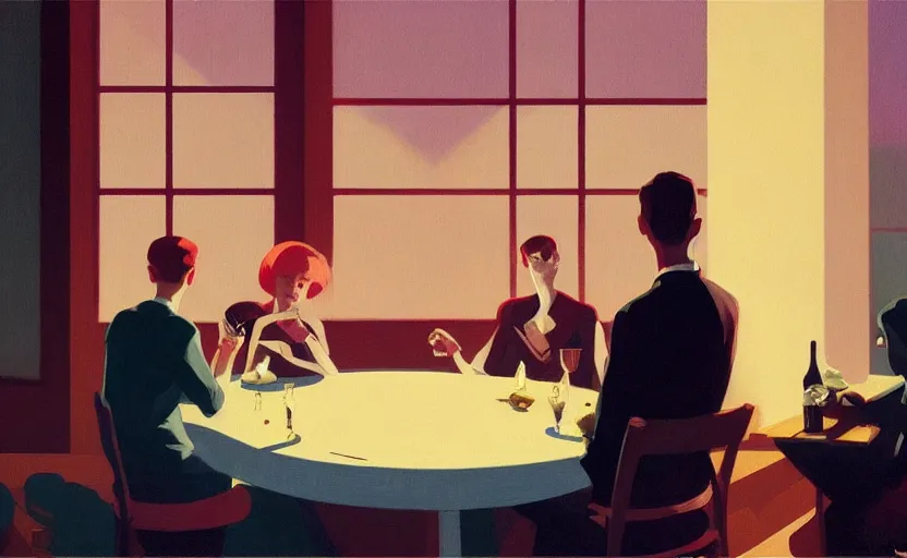 Prompt: a mysterious surreal dinner scene illustration by atey ghailan and escher and edward hopper, surreal