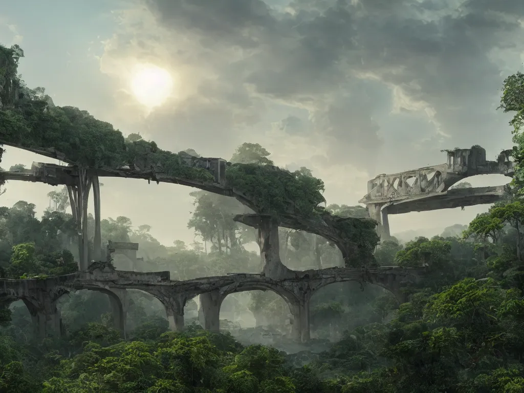 Prompt: a high magnificent broken bridge in a war-torn city, ruins, surrounded by lush green vegetation, stunning volumetric lighting, sunset, solid concrete, stunning skies, trending on Artstation, 8k, photorealistic, hyper detailed, unreal engine 5, IMAX quality, cinematic, epic lighting, in the style of DOOM and Quake and Le Corbusier and Greg Rutkowski