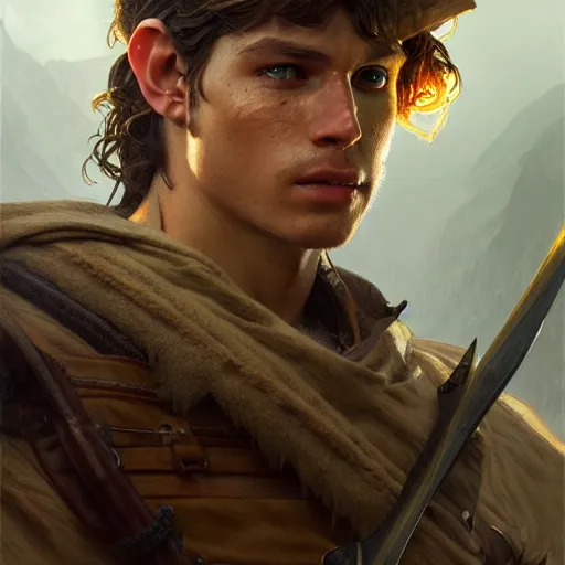 Image similar to portrait of a young rugged ranger, muscular, upper body, longsword, D&D, fantasy, intricate, cinematic lighting, highly detailed, digital painting, artstation, concept art, smooth, sharp focus, illustration, art by Artgerm and Greg Rutkowski and Alphonse Mucha