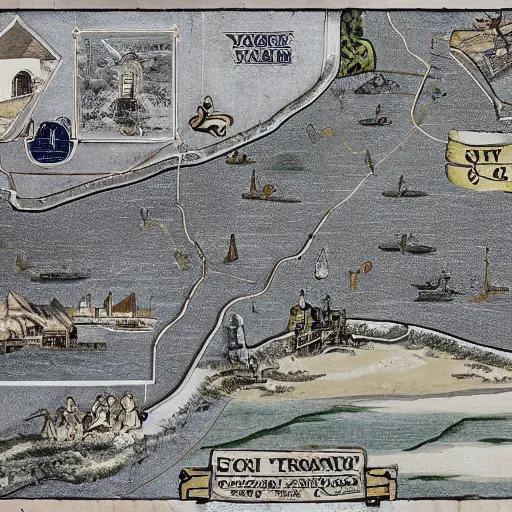 Prompt: treasure map of yeovil, antique art