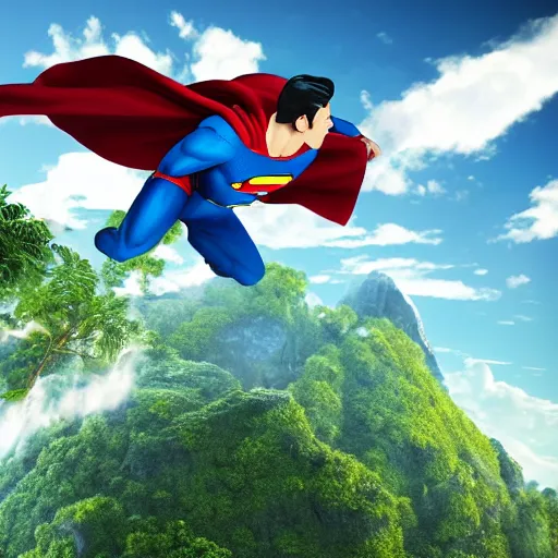 Image similar to captain planet fighting superman above a rainforest, 3 d render, hyper realistic, 4 k