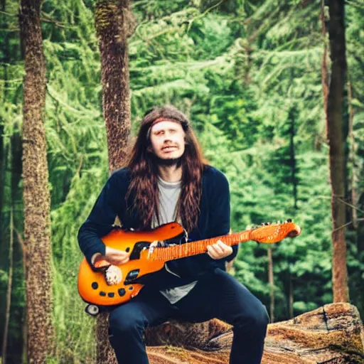 Image similar to Photograph Of Longhair male playing guitar in forest