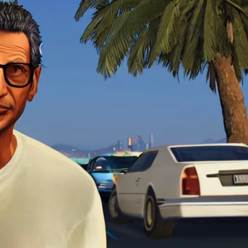 Image similar to Jeff Goldblum in GTA v. Los Santos in the background, palm trees. In the art style of Stephen Bliss