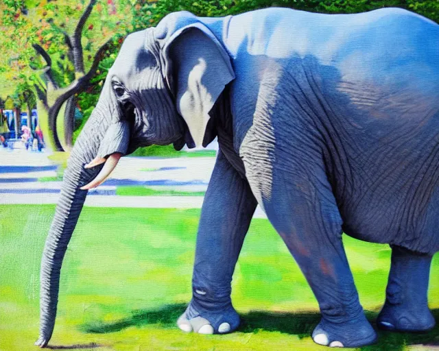 Image similar to an elephant painting a picture with its trunk holding a paintbrush while standing outside in a park on a sunny day, octane, shot on an iphone,
