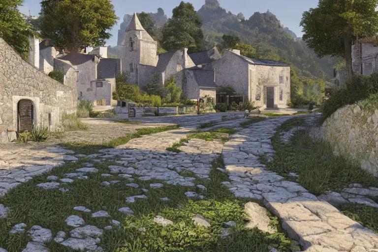 Prompt: A small medieval village with white rectangular architecture in an open field, a winding white stone pathwalk and a small brook running through, clear blue skies in the background, by Sylvain Sarrailh, D&D, high fantasy, 8k photorealistic, cinematic lighting, HD, high details, concept art, trending on artstation