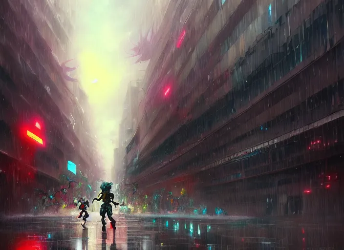 Prompt: a massive colorful bug creature kaiju running through a city center, dark, horror, action, rain storm, by makoto shinkai an krenz cushart